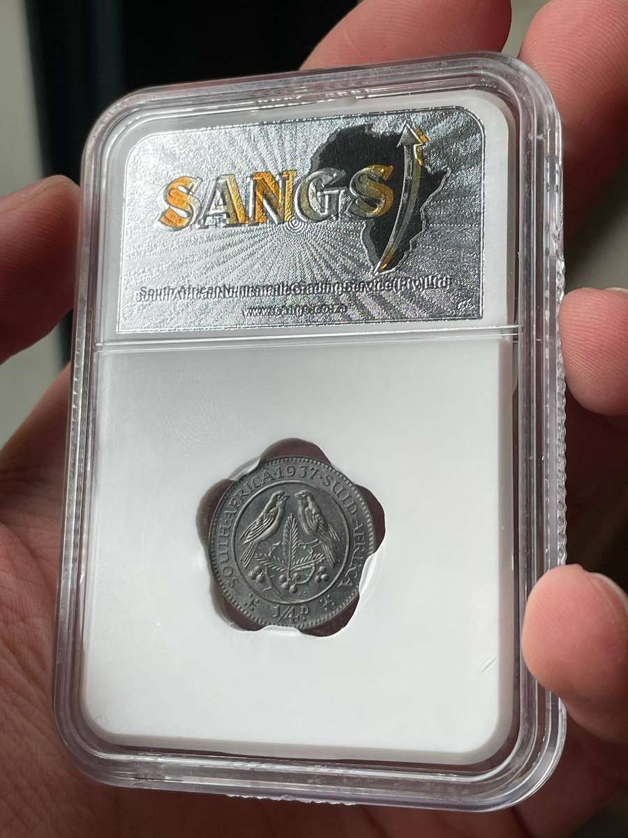 Scarce 1937 South African quarter penny (farthing) coin graded MS62 by SANGS