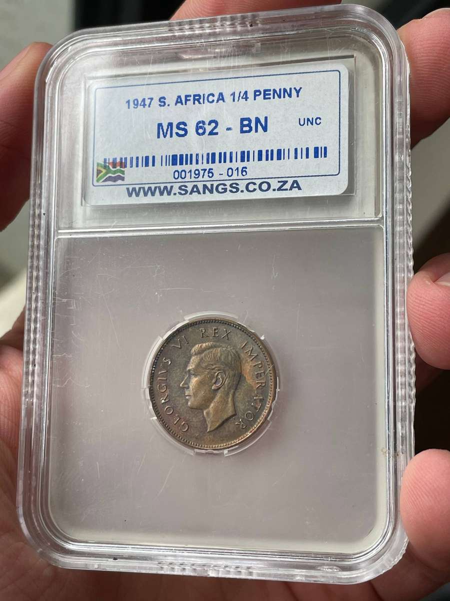1947 South African 1/4 penny coin graded MS62 BN by SANGS