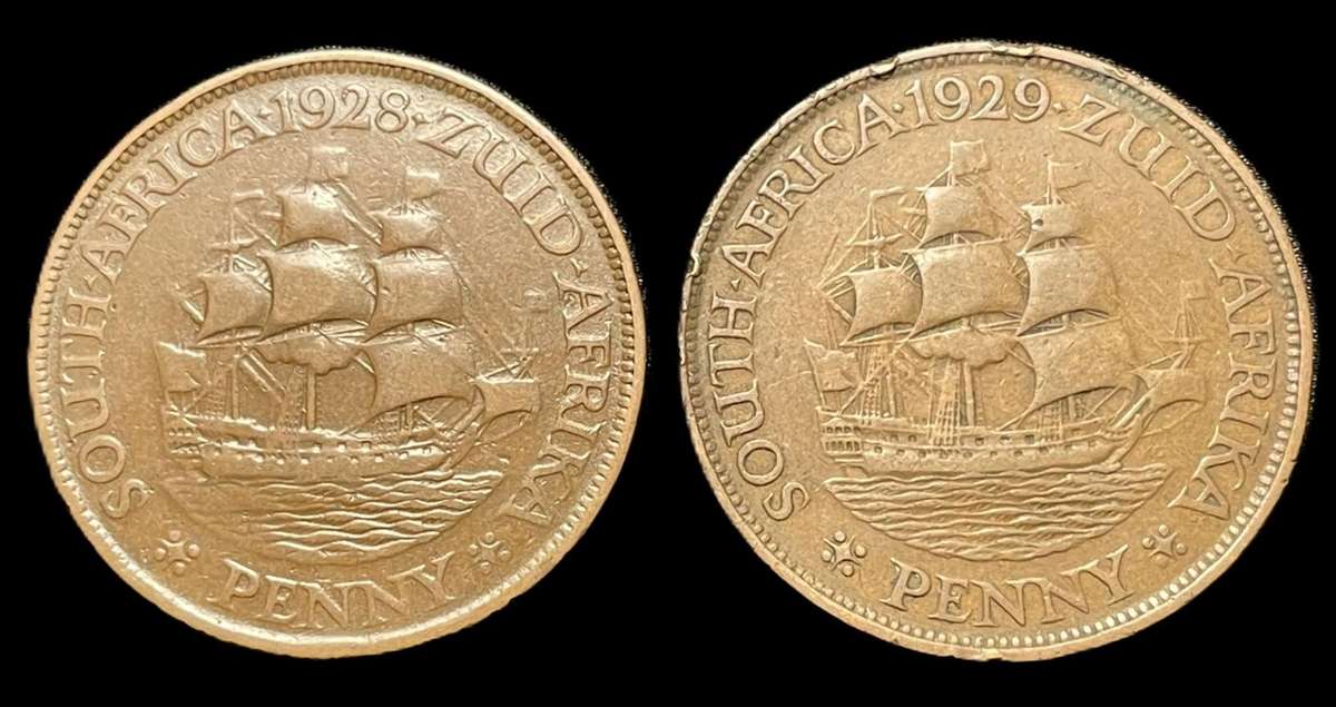 Scarce 1928 & 1929 SA Union 1 penny coin lot