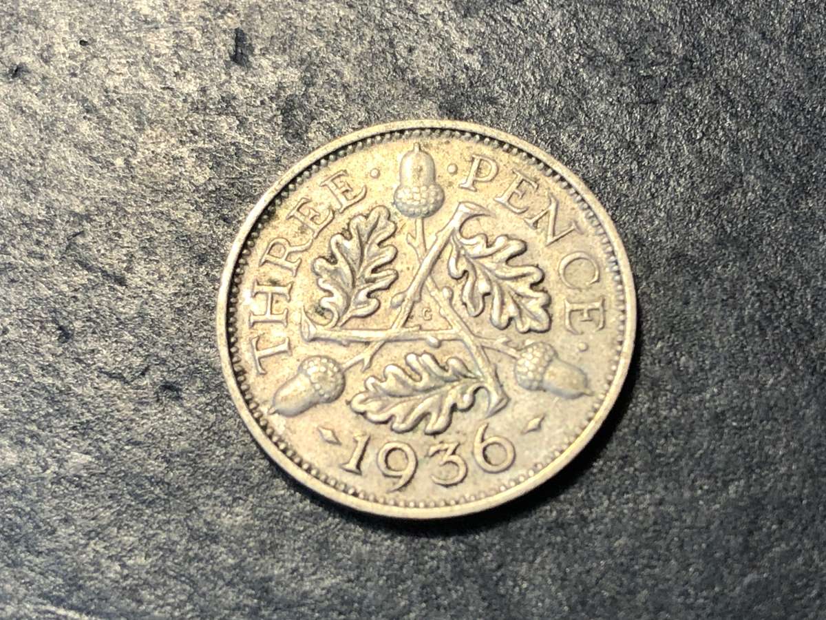 SILVER 1936 British 3 pence (tickey) coin - King George V