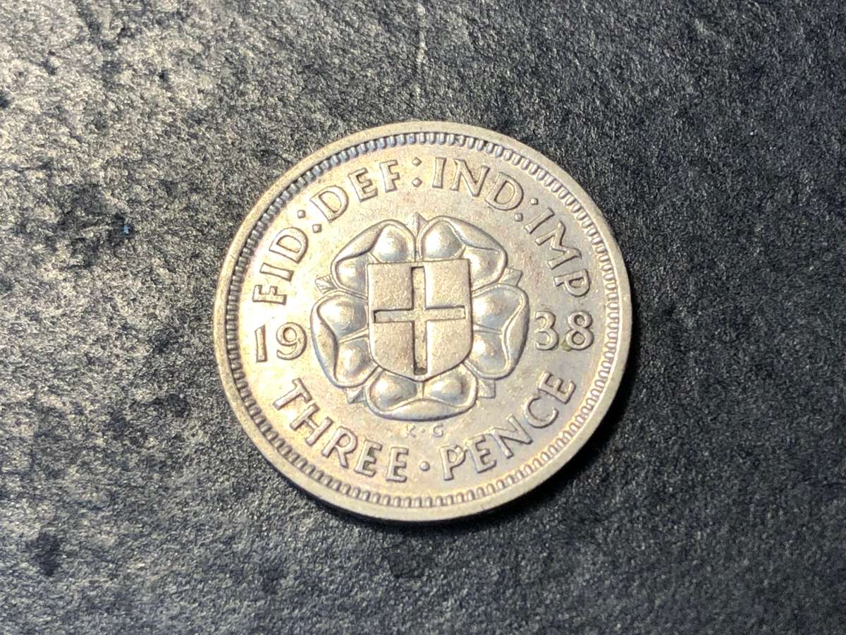 SILVER 1938 British 3 pence (tickey) coin - King George VI