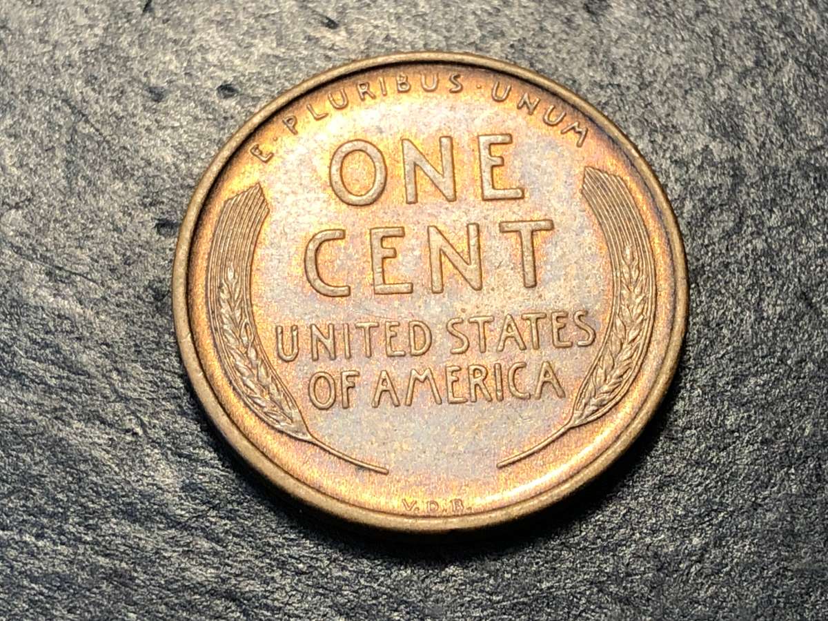 1909 American wheat penny (1 cent) bronze coin - V.D.B. Reverse