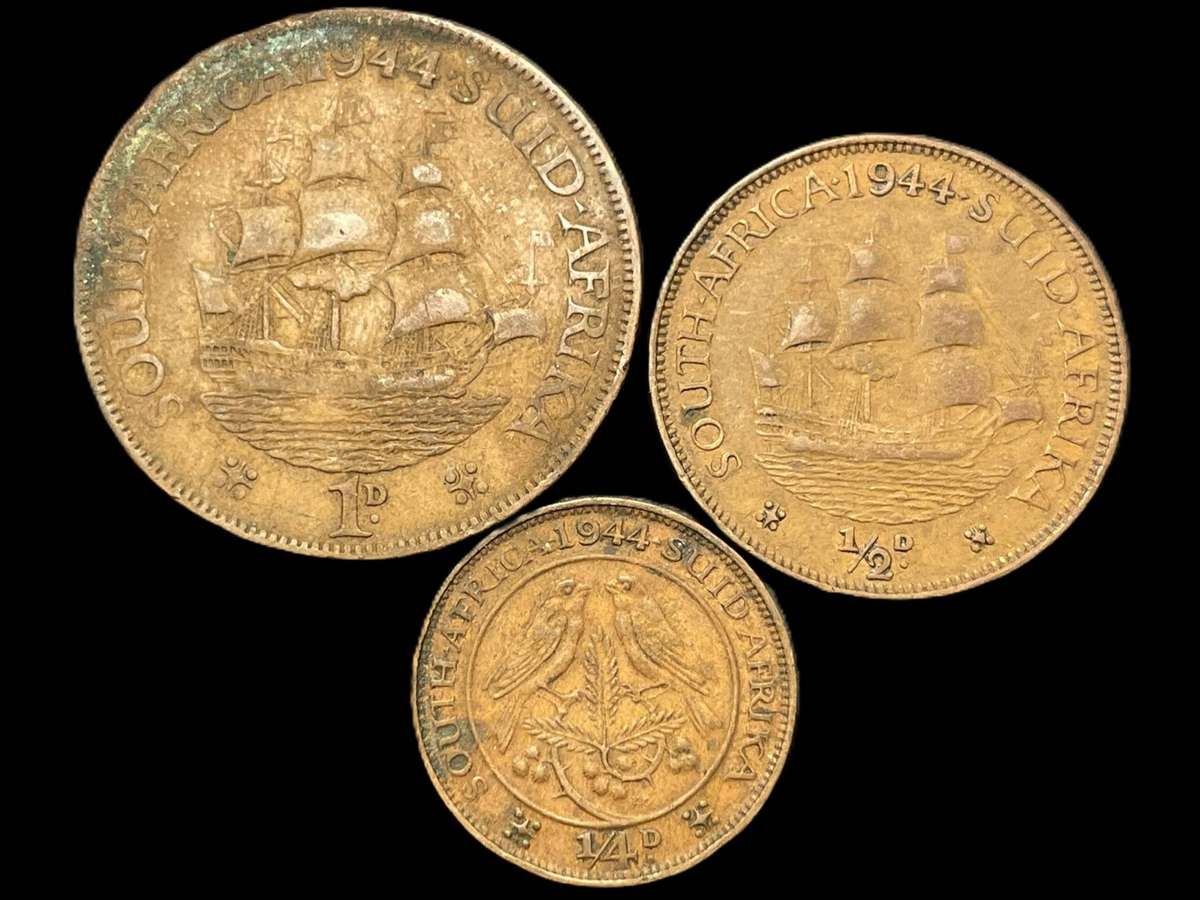 1944 SA Union copper pennies coin set - 3 coins
