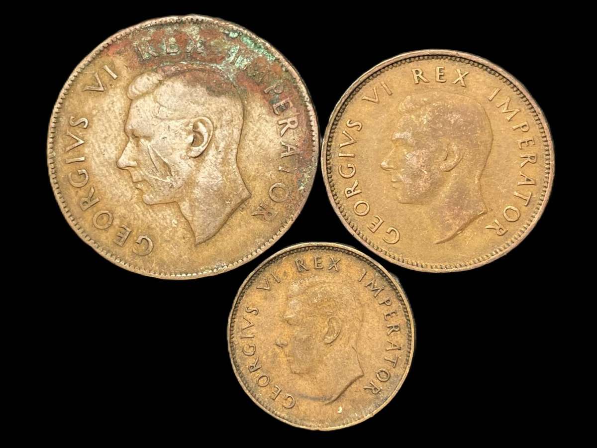 1944 SA Union copper pennies coin set - 3 coins