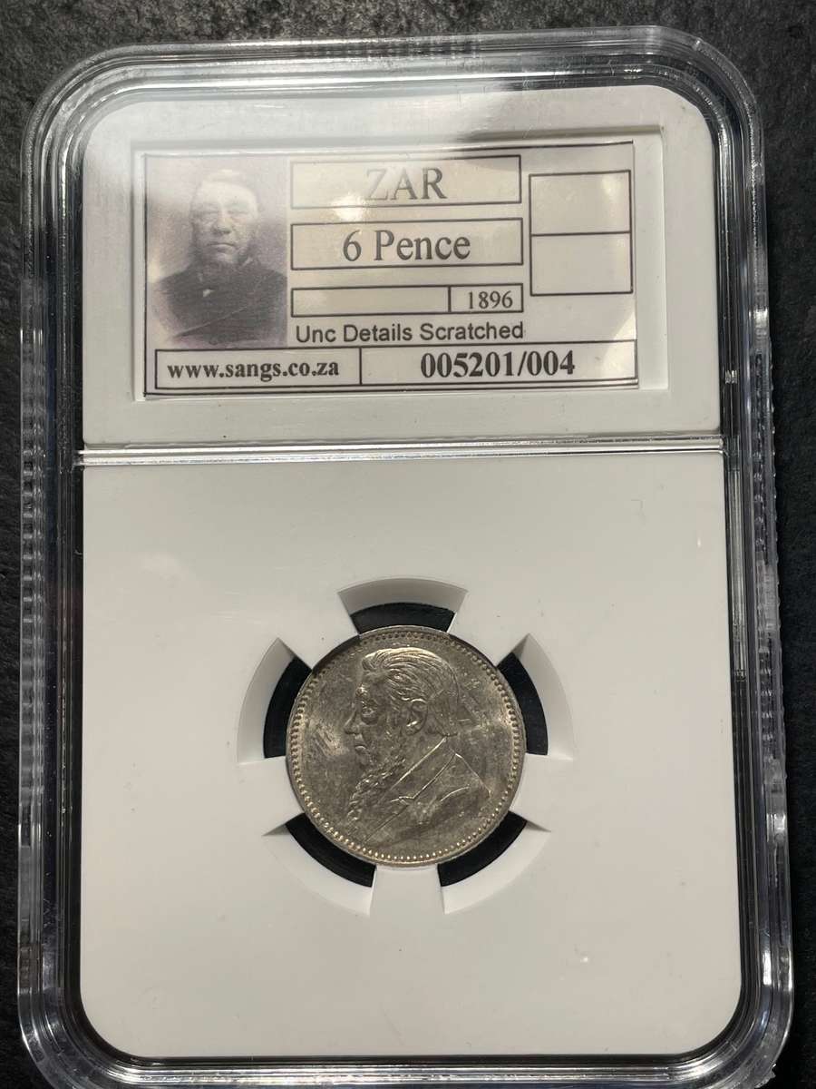 ZAR Silver 1896 Six pence (6d) coin - SANGS graded Unc details scratched