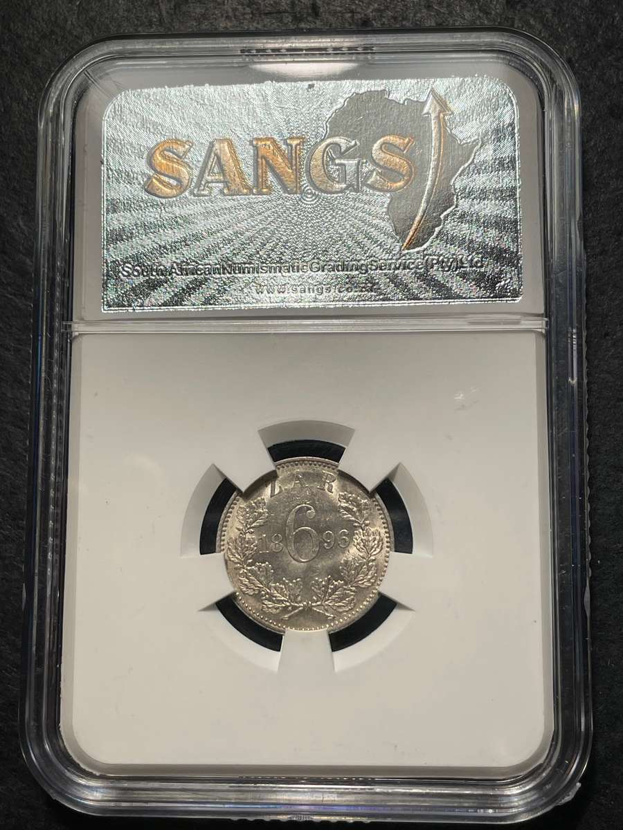 ZAR Silver 1896 Six pence (6d) coin - SANGS graded Unc details scratched