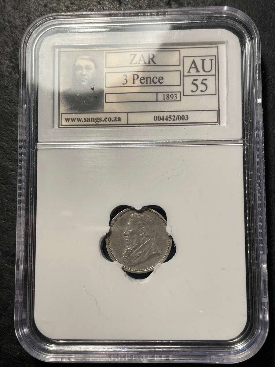 ZAR silver 1893 tickey (3 pence) coin - SANGS graded AU55