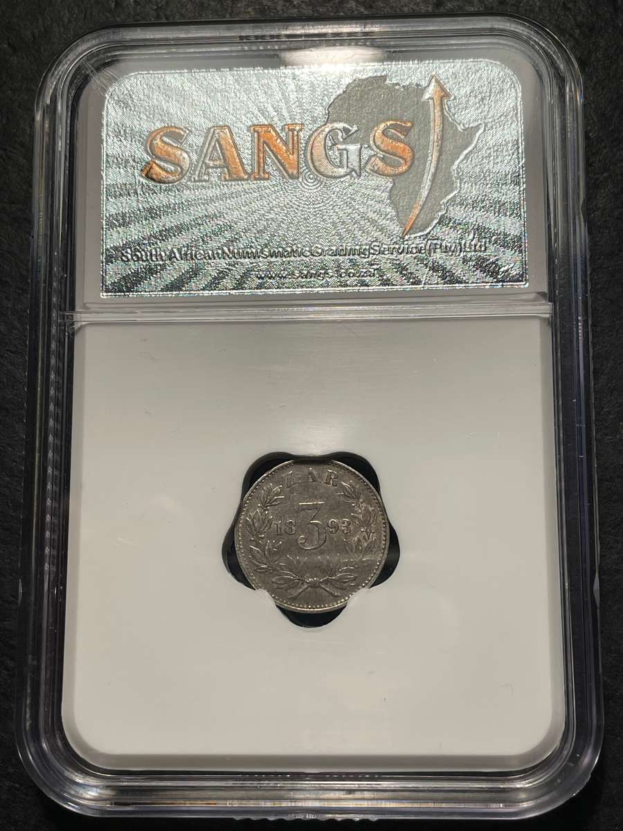 ZAR silver 1893 tickey (3 pence) coin - SANGS graded AU55