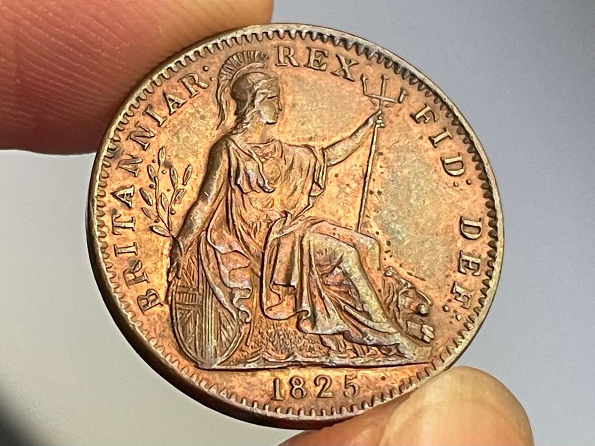 Beautiful 200 year old British farthing (1/4 penny) bronze coin from 1825