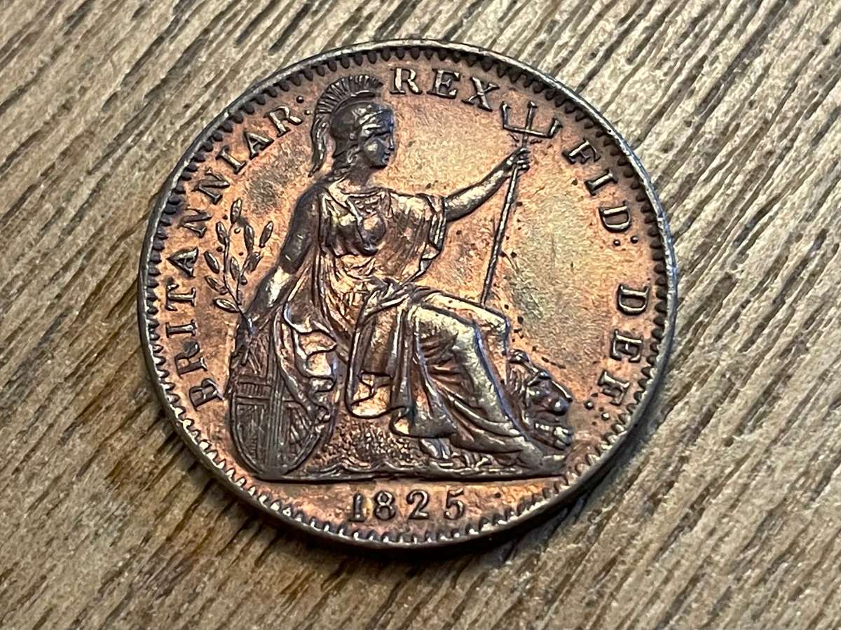 Beautiful 200 year old British farthing (1/4 penny) bronze coin from 1825