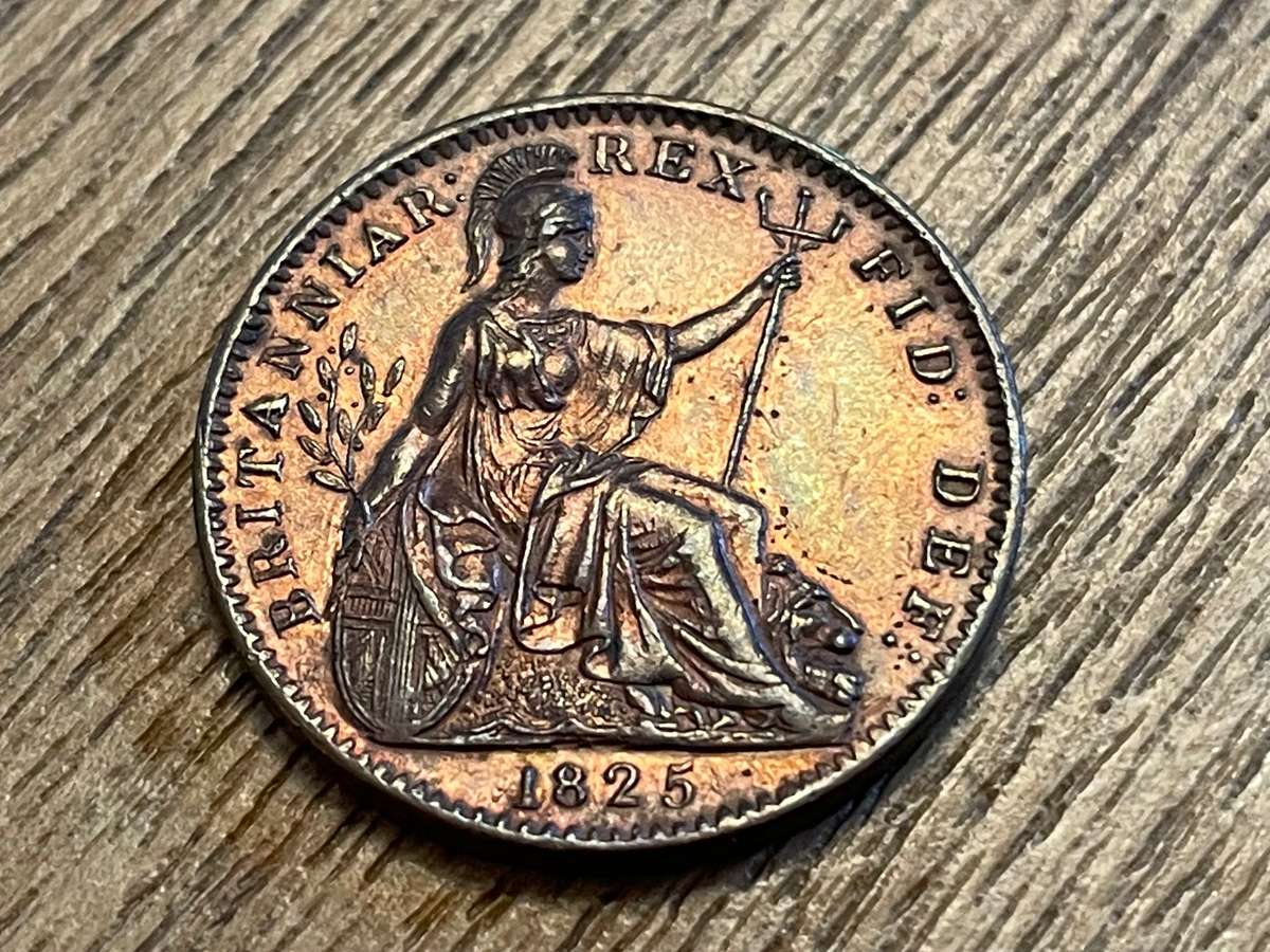 Beautiful 200 year old British farthing (1/4 penny) bronze coin from 1825