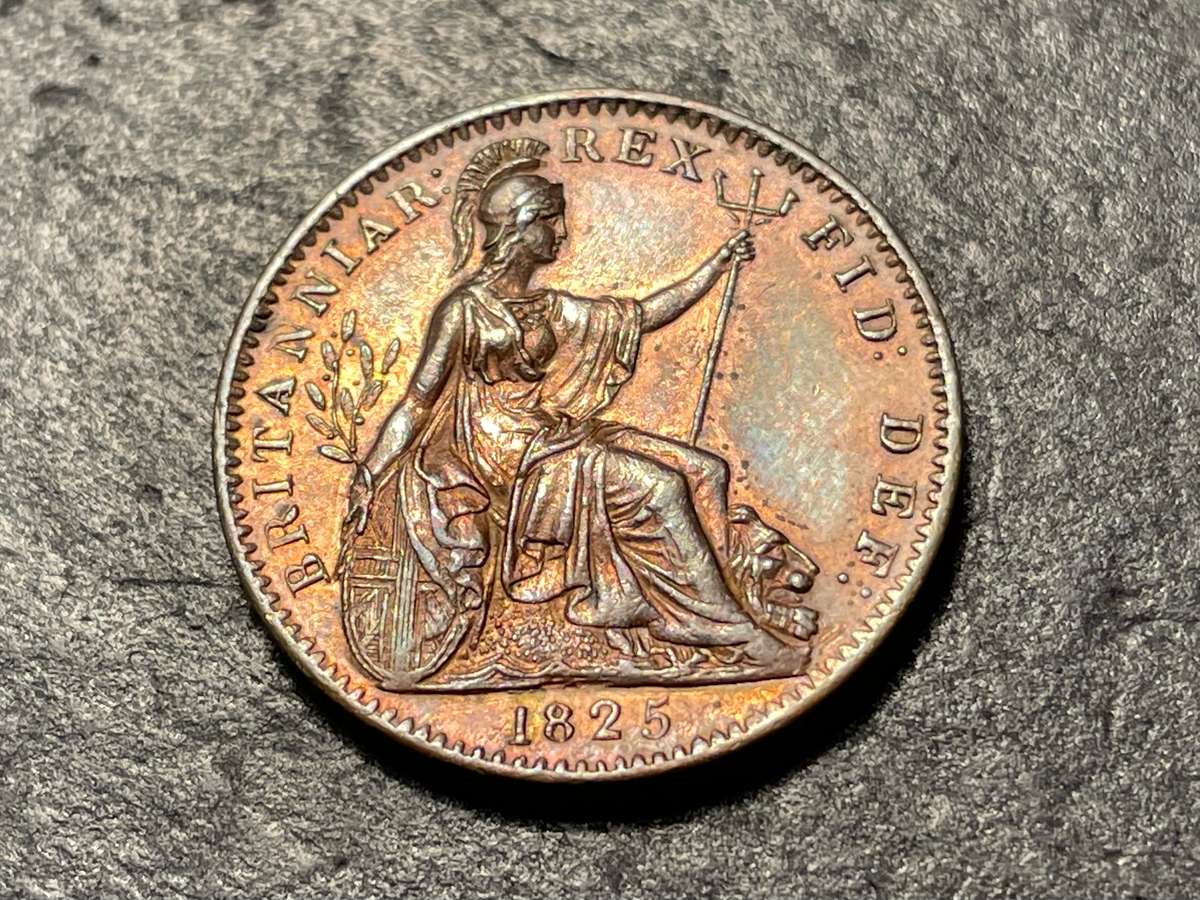 Beautiful 200 year old British farthing (1/4 penny) bronze coin from 1825