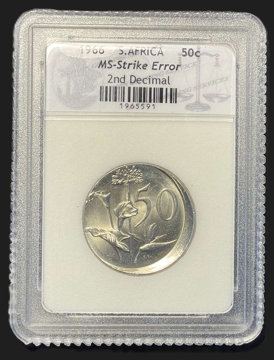 Brilliant UNC Error RSA 1966 50 cent coin - Mis-struck error - Graded by SACGS