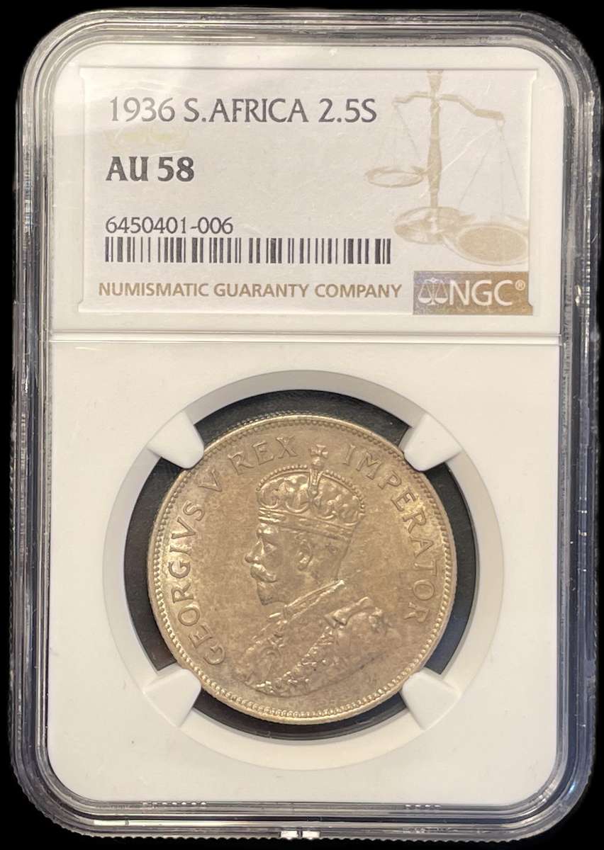 Scarce 1936 SA Union silver 2 ½ shillings coin graded AU58 by NGC - Catalogue value is R10,000