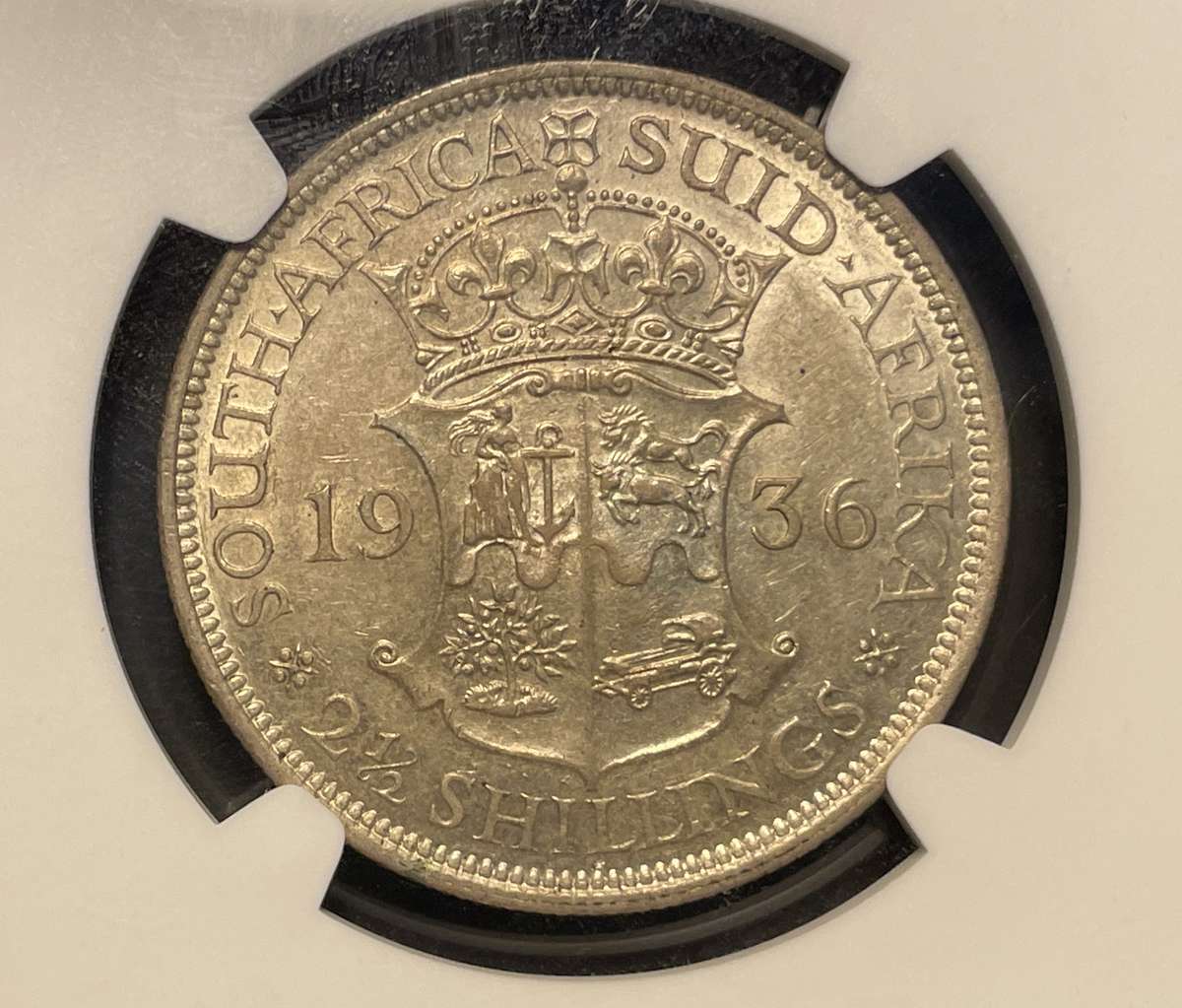 Scarce 1936 SA Union silver 2 ½ shillings coin graded AU58 by NGC - Catalogue value is R10,000