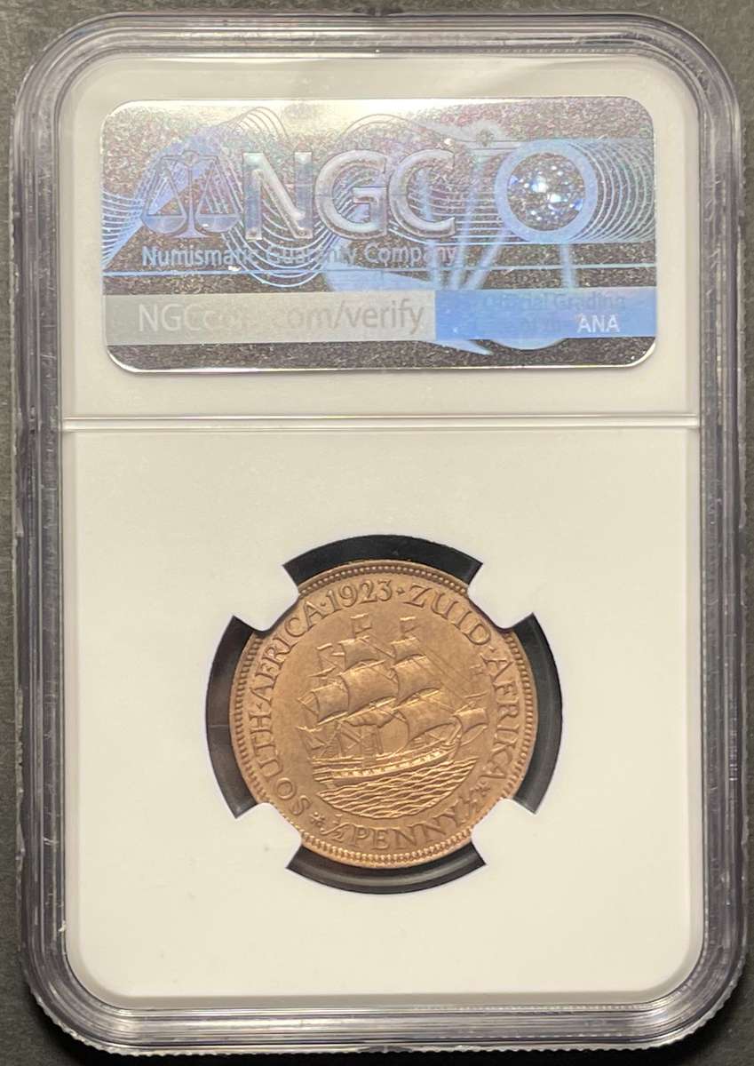 RARE 1923 SA Union 1/2 penny coin in UNC! - Graded UNC Det. by NGC - Rarest date in the series