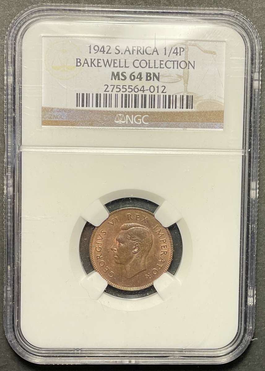 Beautiful 1942 S.A. Union 1/4 penny coin graded MS64BN by NGC - Bakewell collection