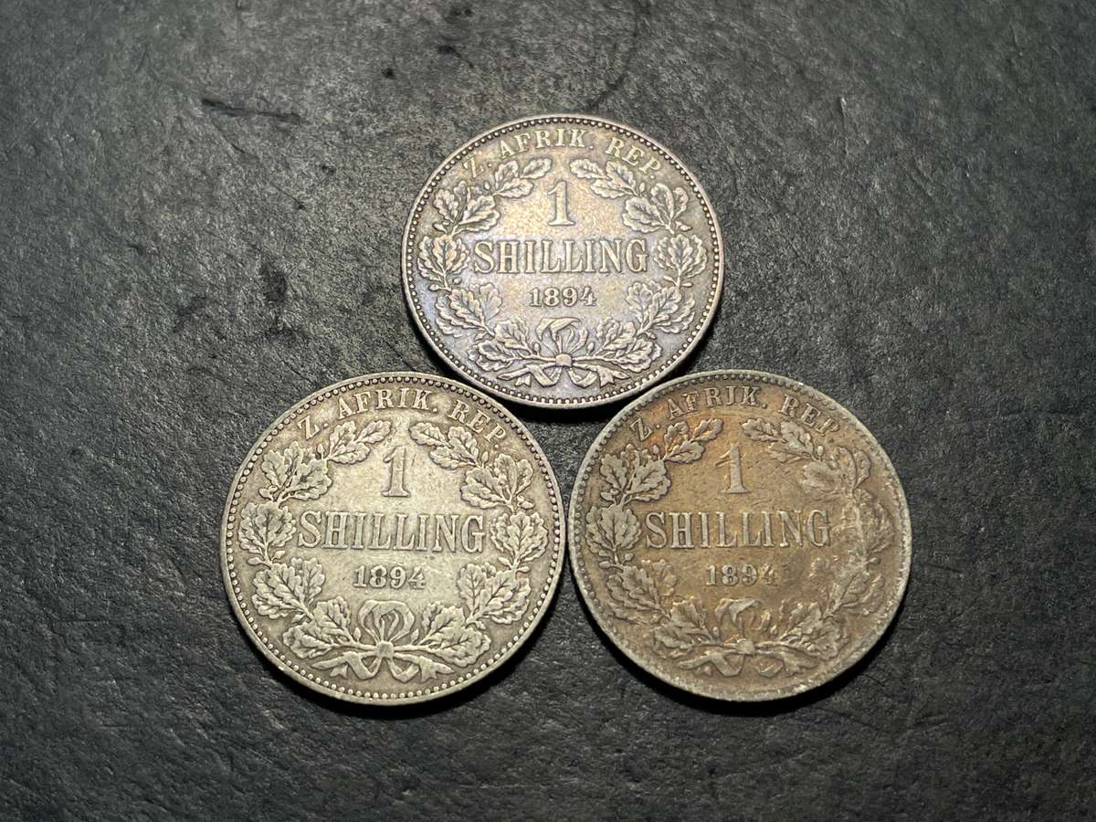 Lot of 3x Rare Silver 1894 ZAR 1 shilling coins - Only 366,000 minted
