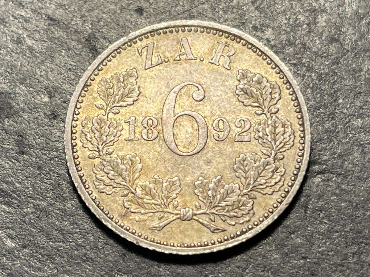 ZAR Silver 1892 Sixpence (6d) coin - President Kruger issue - POW engraving obverse - Lot 1 of 2