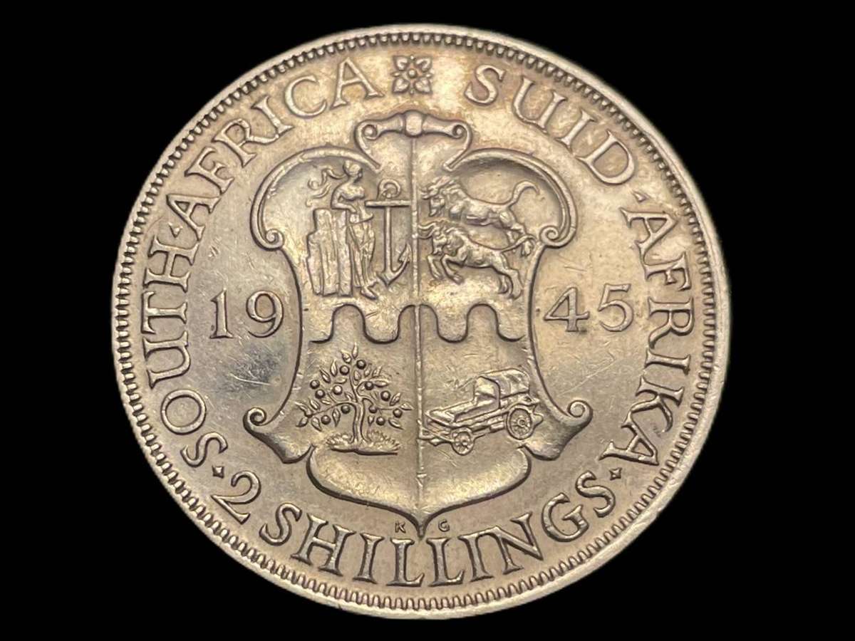 Scarcer 1945 SA Union silver 2 shilling coin