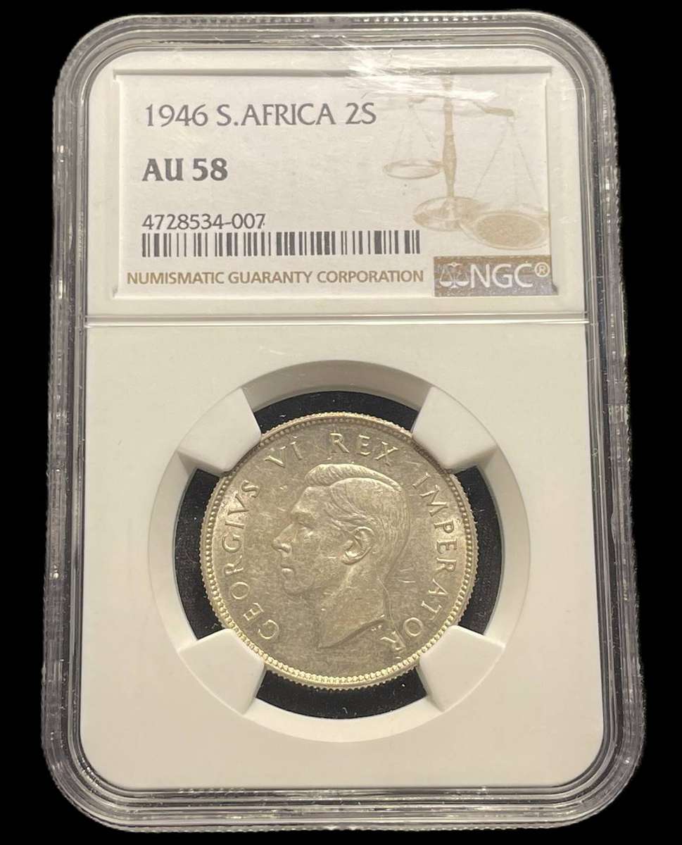 Rare 1946 SA Union silver 2 shilling coin - NGC Graded AU 58