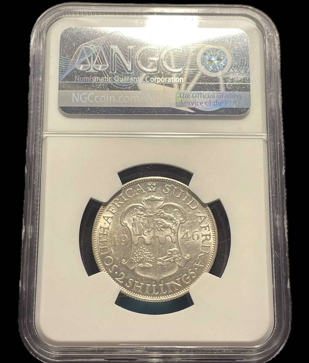 Rare 1946 SA Union silver 2 shilling coin - NGC Graded AU 58