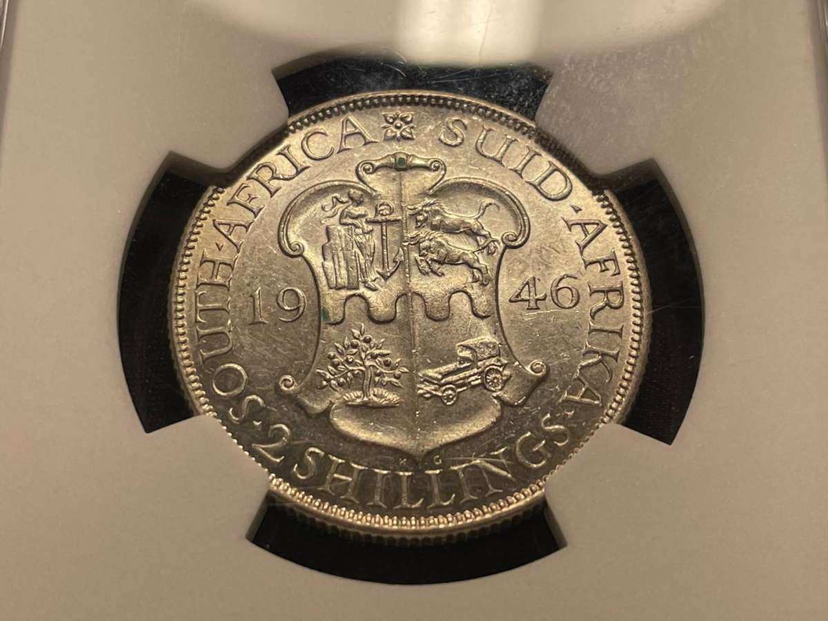 Rare 1946 SA Union silver 2 shilling coin - NGC Graded AU 58