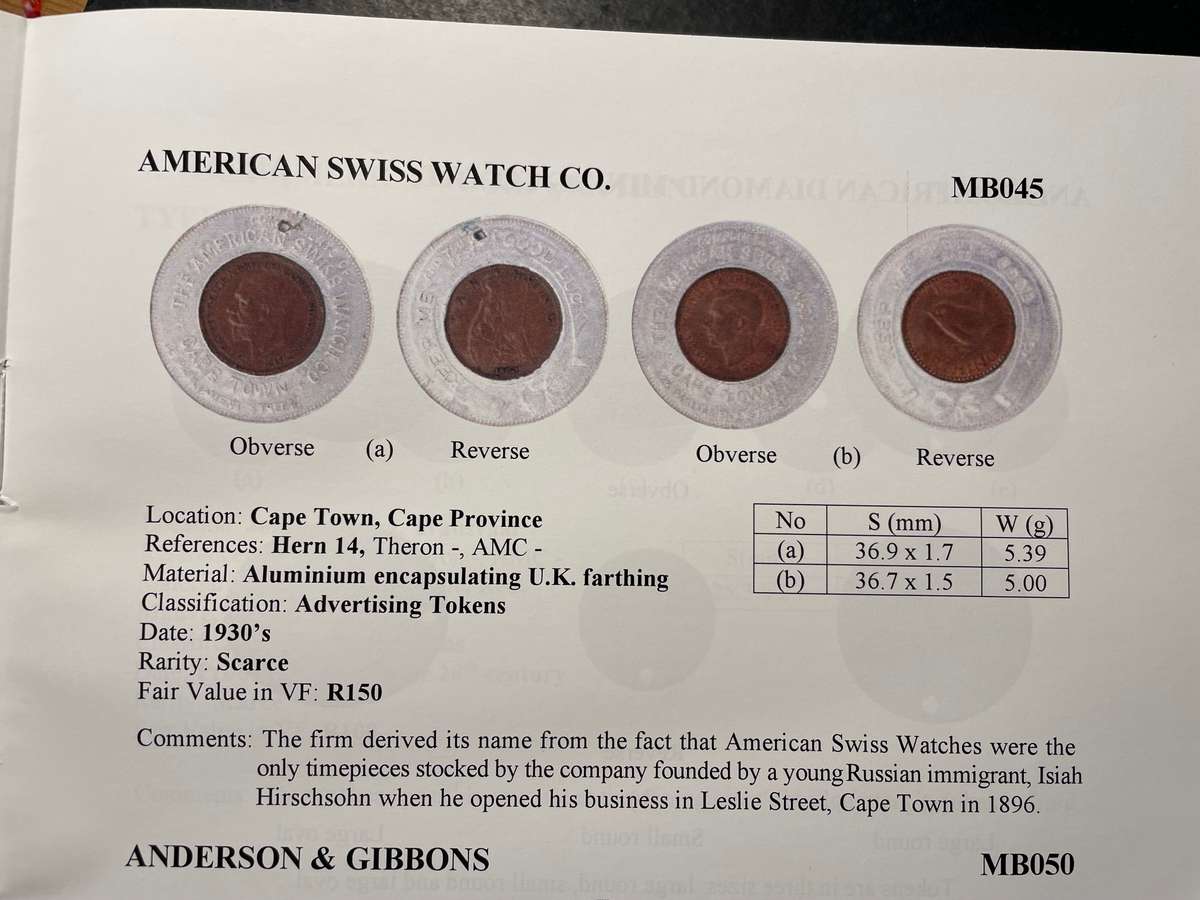 Scarce Cape Town good-luck token issued by a watch shop - Aluminium encased British farthing of 1938