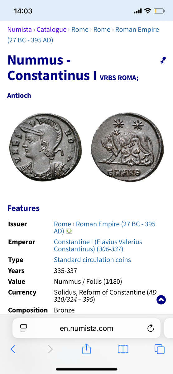 Romulus & Remus with She-wolf | Bronze Nummus of the Roman Emperor Constantine I (335 to 337 AD)