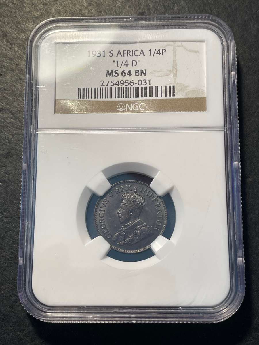 Very rare Suid variety 1931 Bronze 1/4 penny coin - NGC graded MS64 BN - Only one grade better!