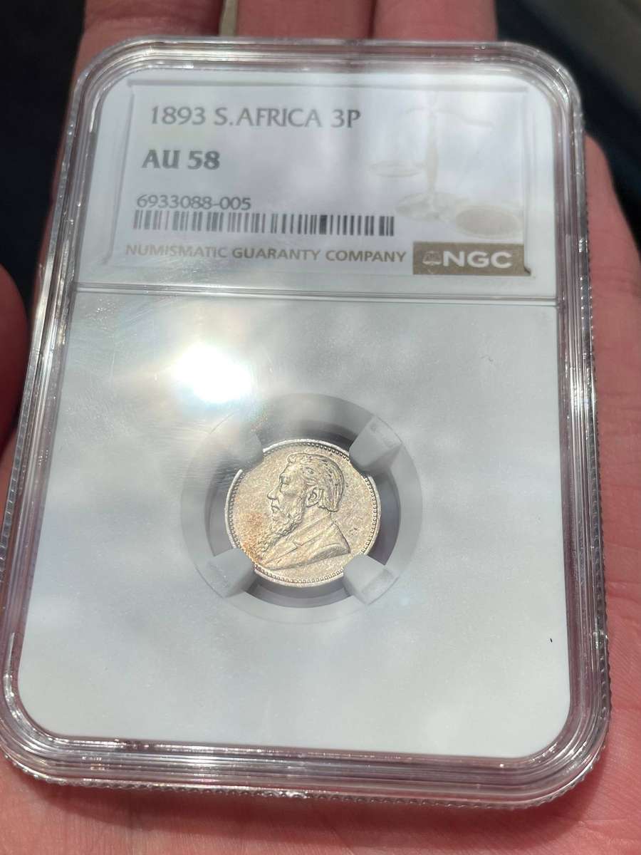 ZAR Paul Kruger 1893 tickey silver coin - NGC graded AU58