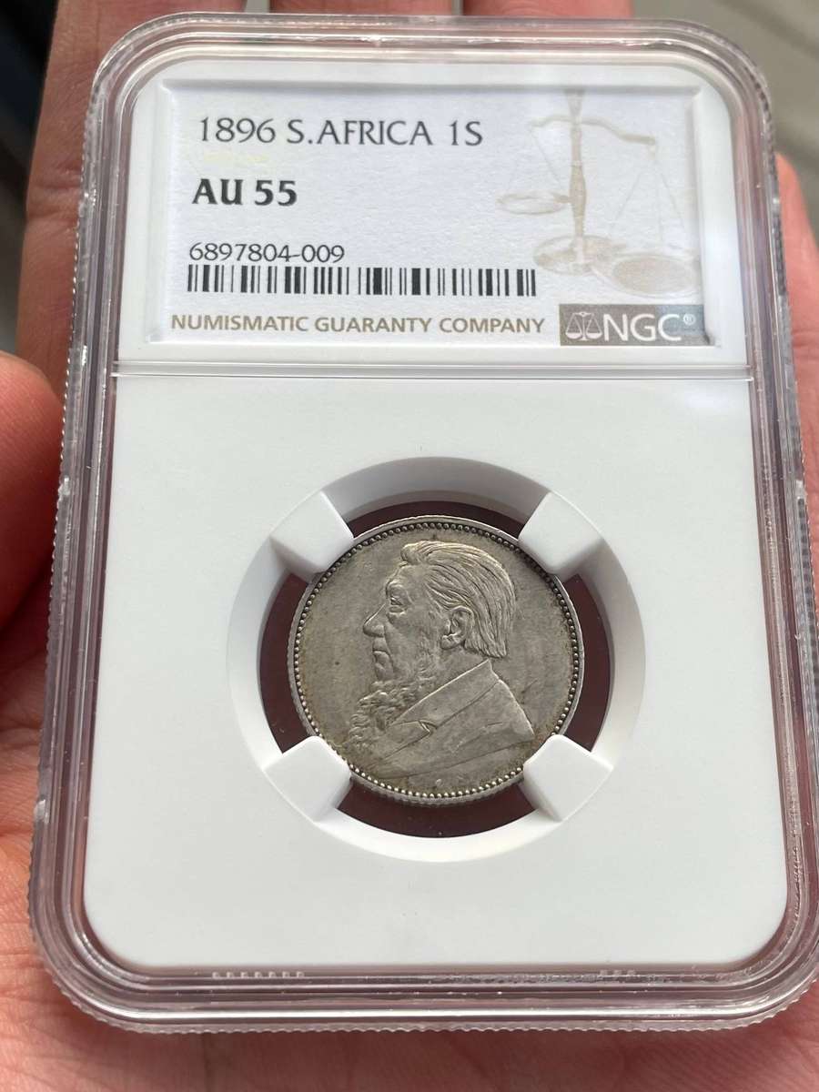 Rare ZAR Paul Kruger 1896 one shilling silver coin - NGC graded AU55