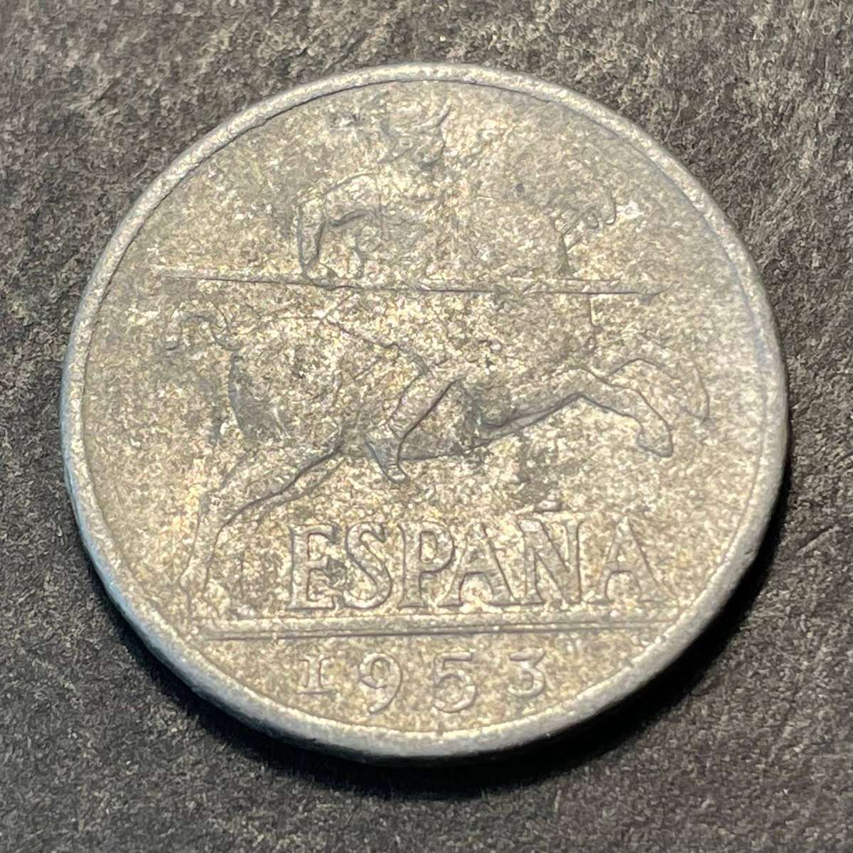 1953 Aluminium 10 centimos coin from Spain