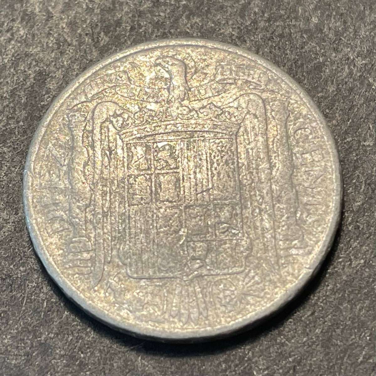 1953 Aluminium 10 centimos coin from Spain