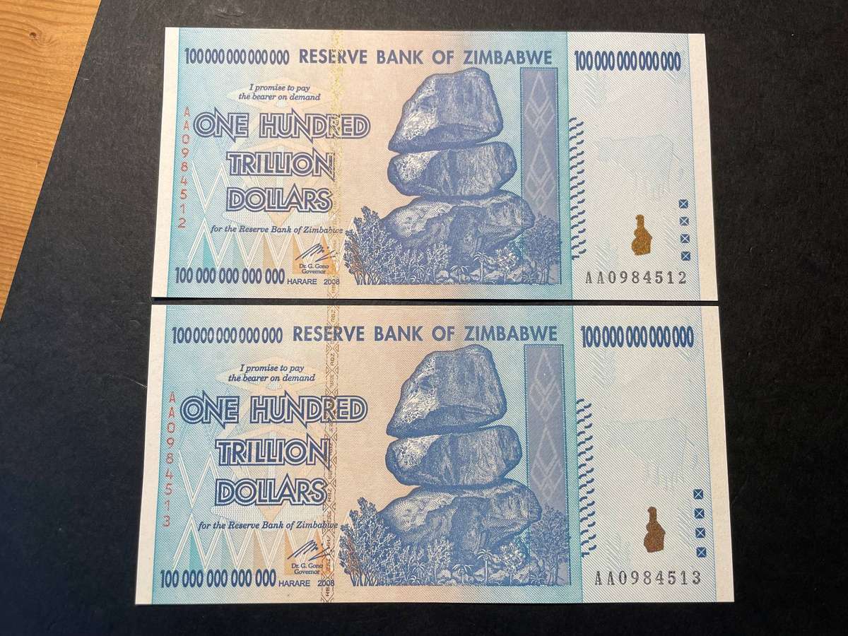 100 Trillion Zimbabwe dollar banknote - 2008 Hyperinflation issue - 2 available