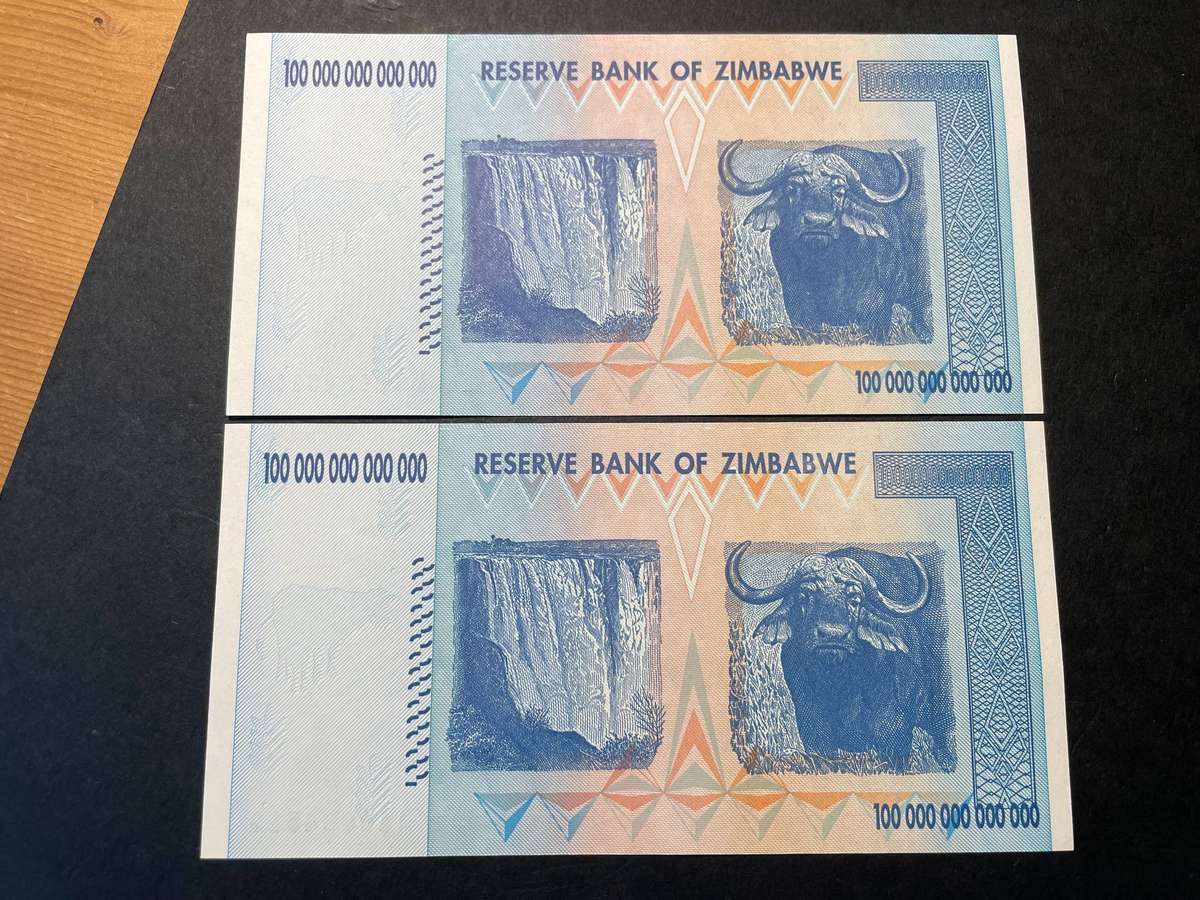 100 Trillion Zimbabwe dollar banknote - 2008 Hyperinflation issue - 2 available
