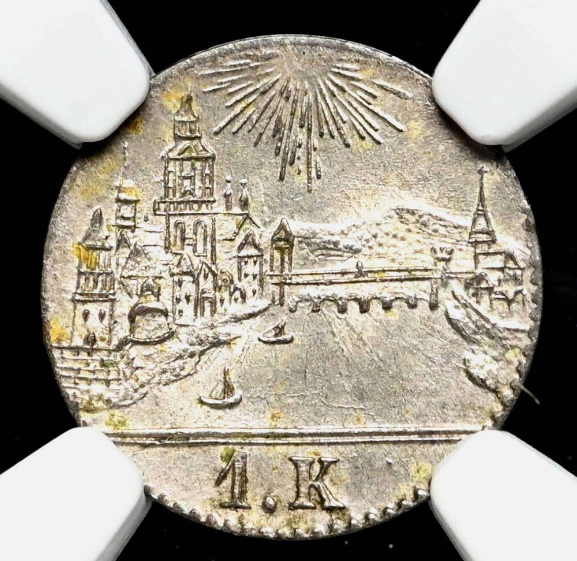 Beautiful silver German cityscape 1k coin graded MS64 by NGC