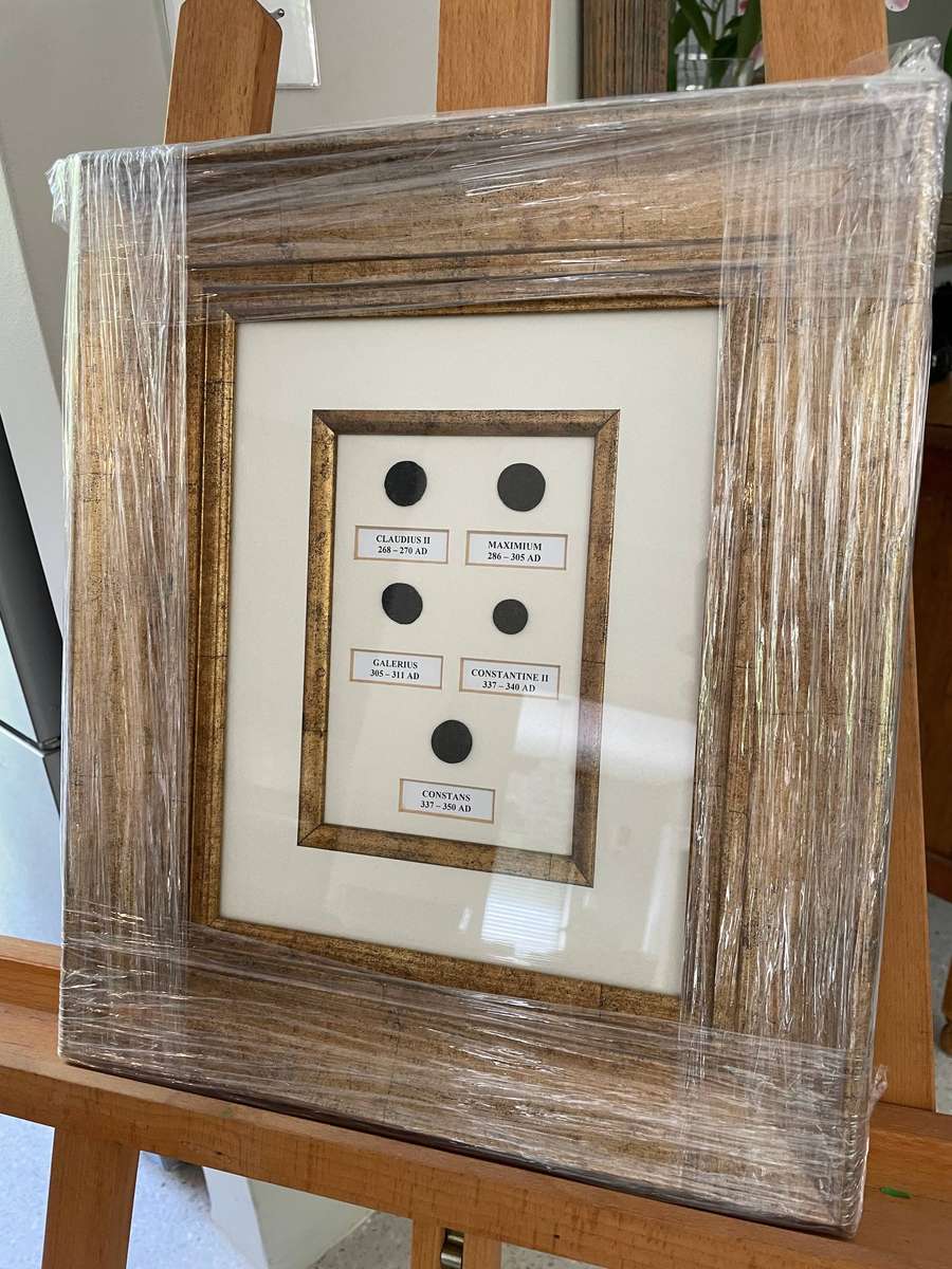 Framed collection of 5 ancient Roman coins - Still wrapped as from framers