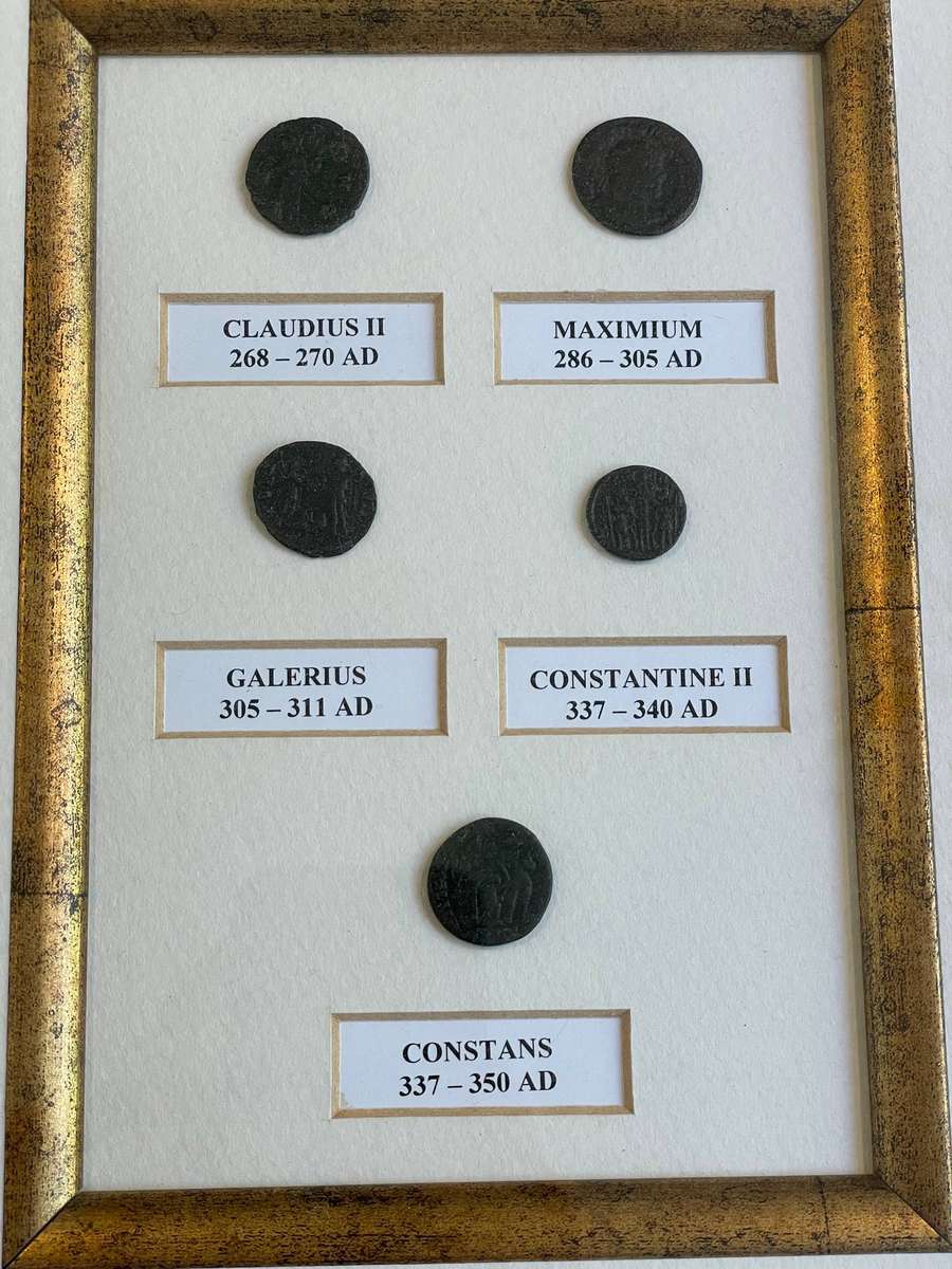 Framed collection of 5 ancient Roman coins - Still wrapped as from framers