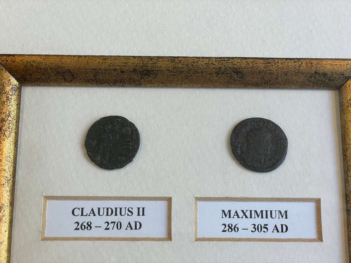 Framed collection of 5 ancient Roman coins - Still wrapped as from framers