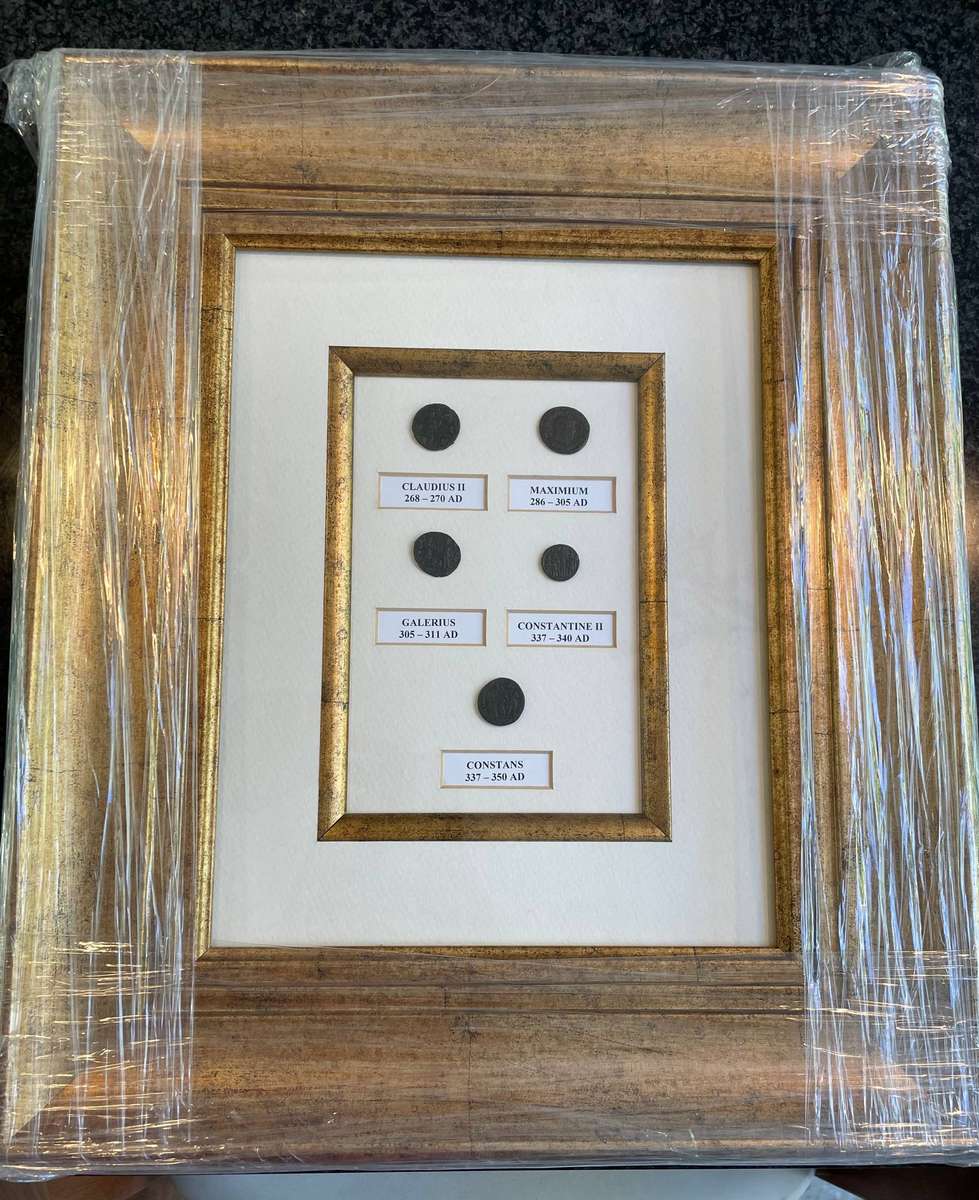 Framed collection of 5 ancient Roman coins - Still wrapped as from framers