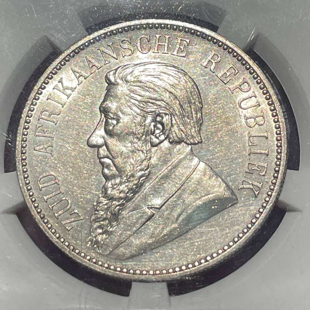 Very rare Double Shaft 1892 silver 5 shillings (crown) ZAR coin - SANGS AU58