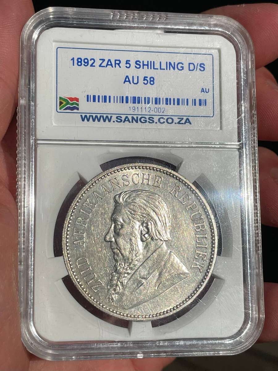 Very rare Double Shaft 1892 silver 5 shillings (crown) ZAR coin - SANGS AU58