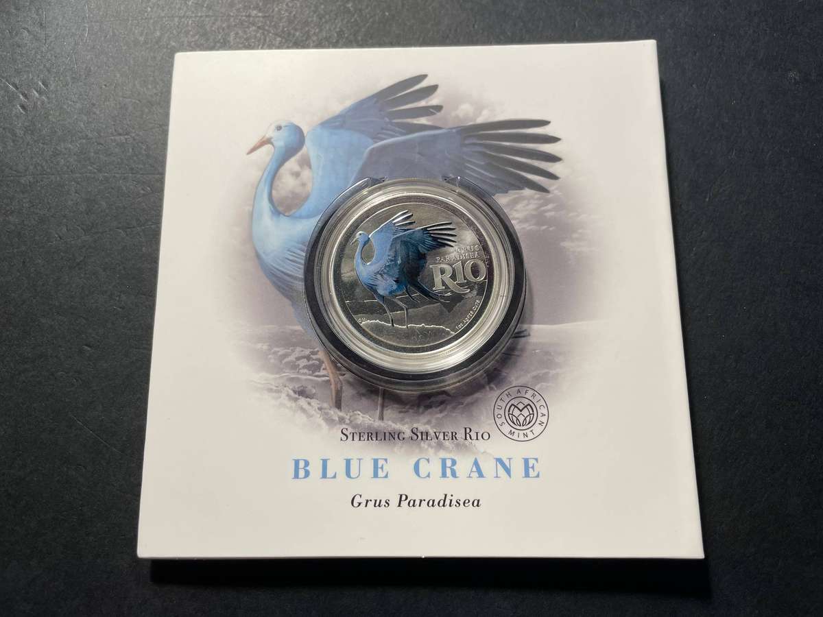 Rare 2017 colourised silver 10 Rand coin - Blue crane - In original packaging from the SA Mint