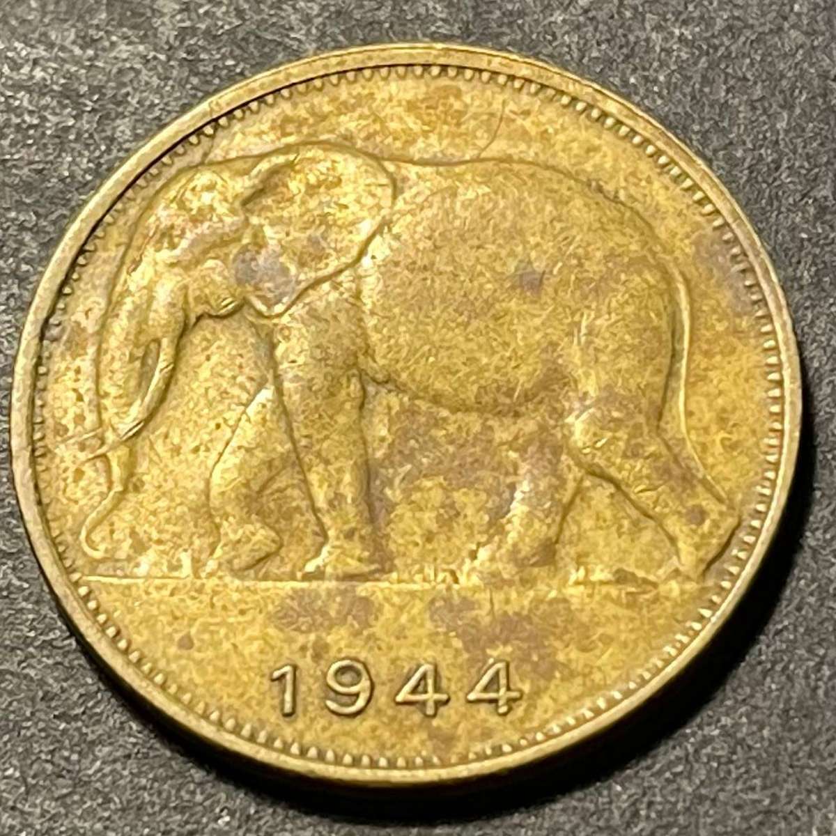 Minted at the SA Mint during WWII - 1944 Belgian Congo 1 franc coin