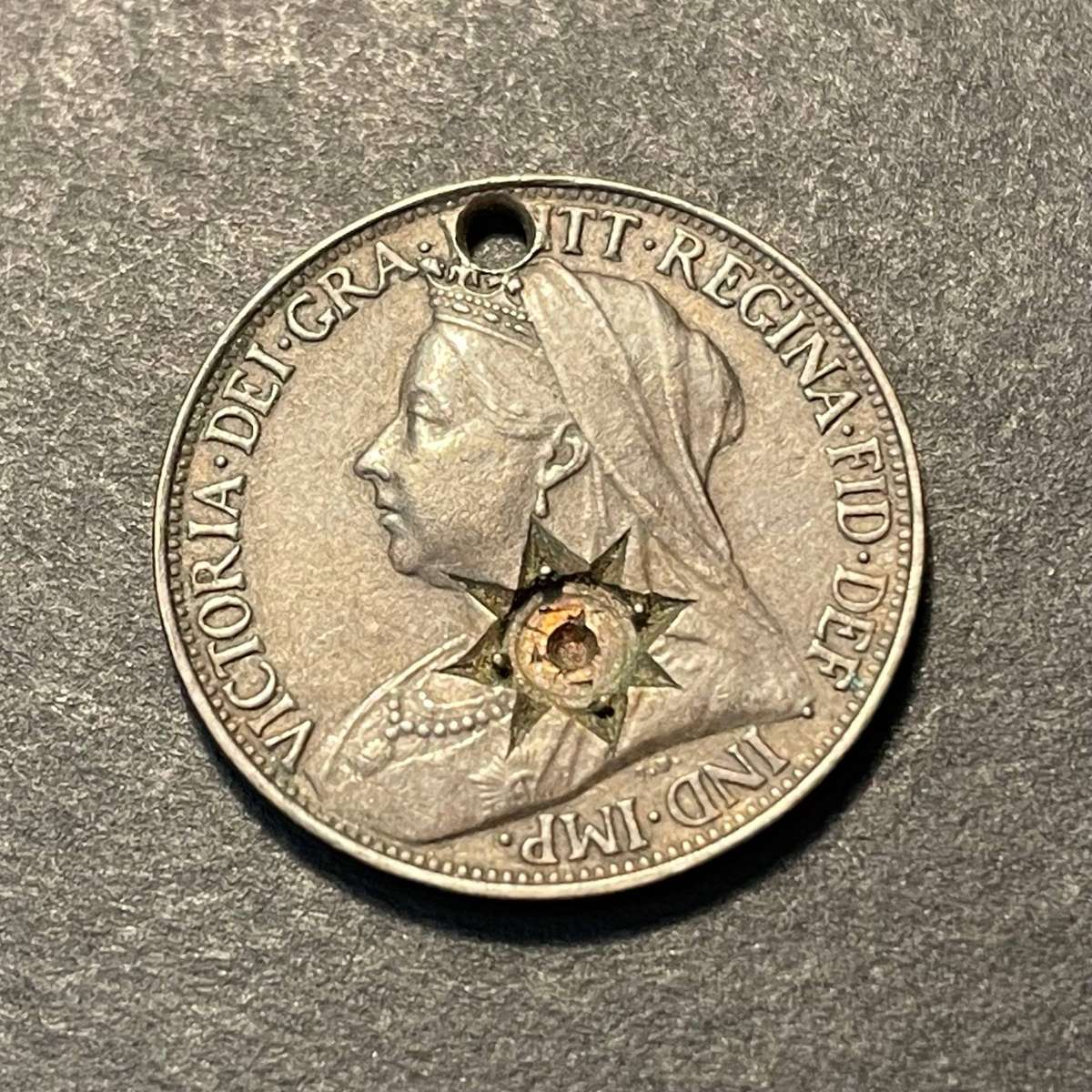 1898 British bronze 1/4 penny coin made into a jewellery piece