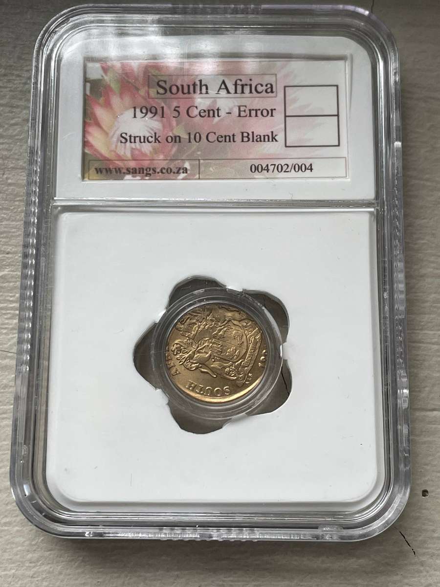 Mint error - 1991 South African 5 cent struck on a 10 cent blank - SANGS graded