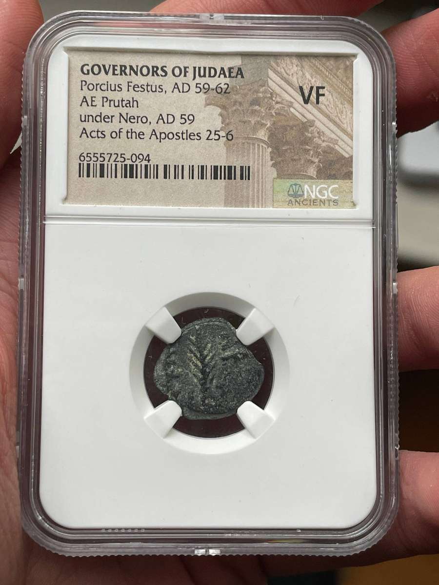 Ancient Jewish bronze prutah minted under Governor Festus (mentioned in Bible) - NGC graded VF