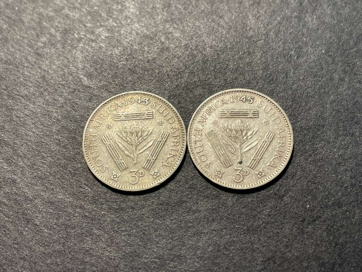 Lot of 2x 1945 South African silver tickeys - Both varieties (overdate and normal)