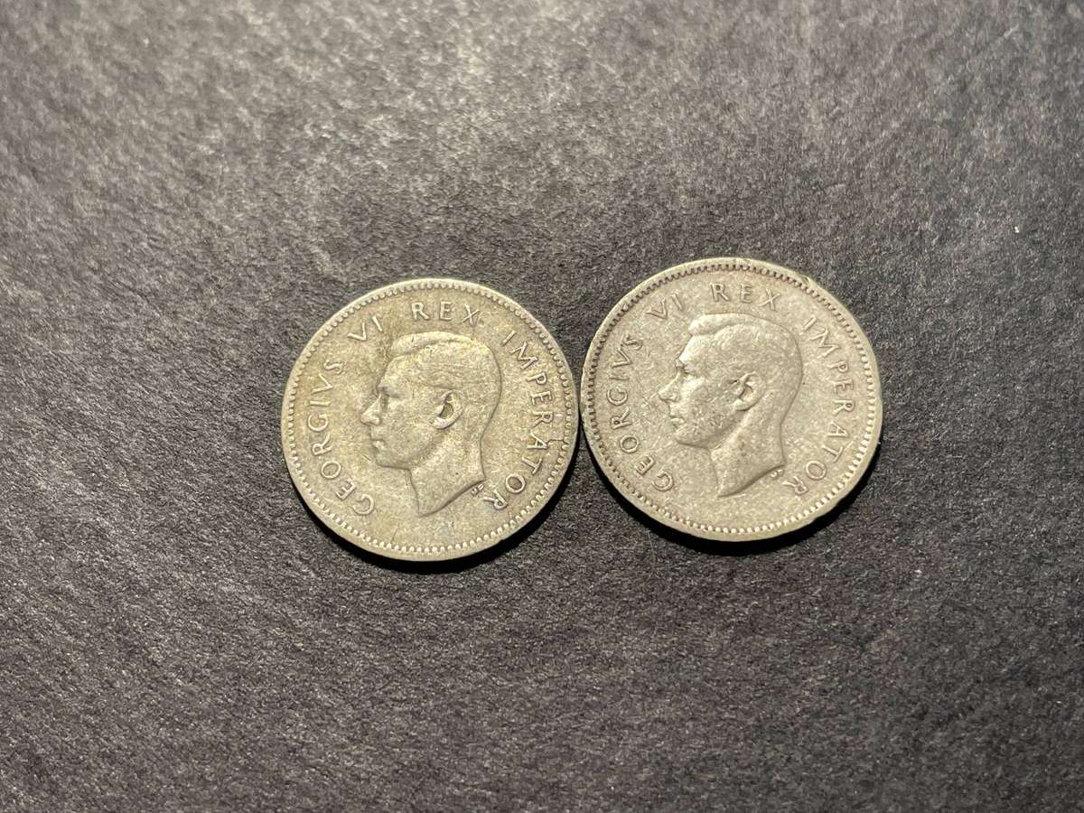 Lot of 2x 1945 South African silver tickeys - Both varieties (overdate and normal)